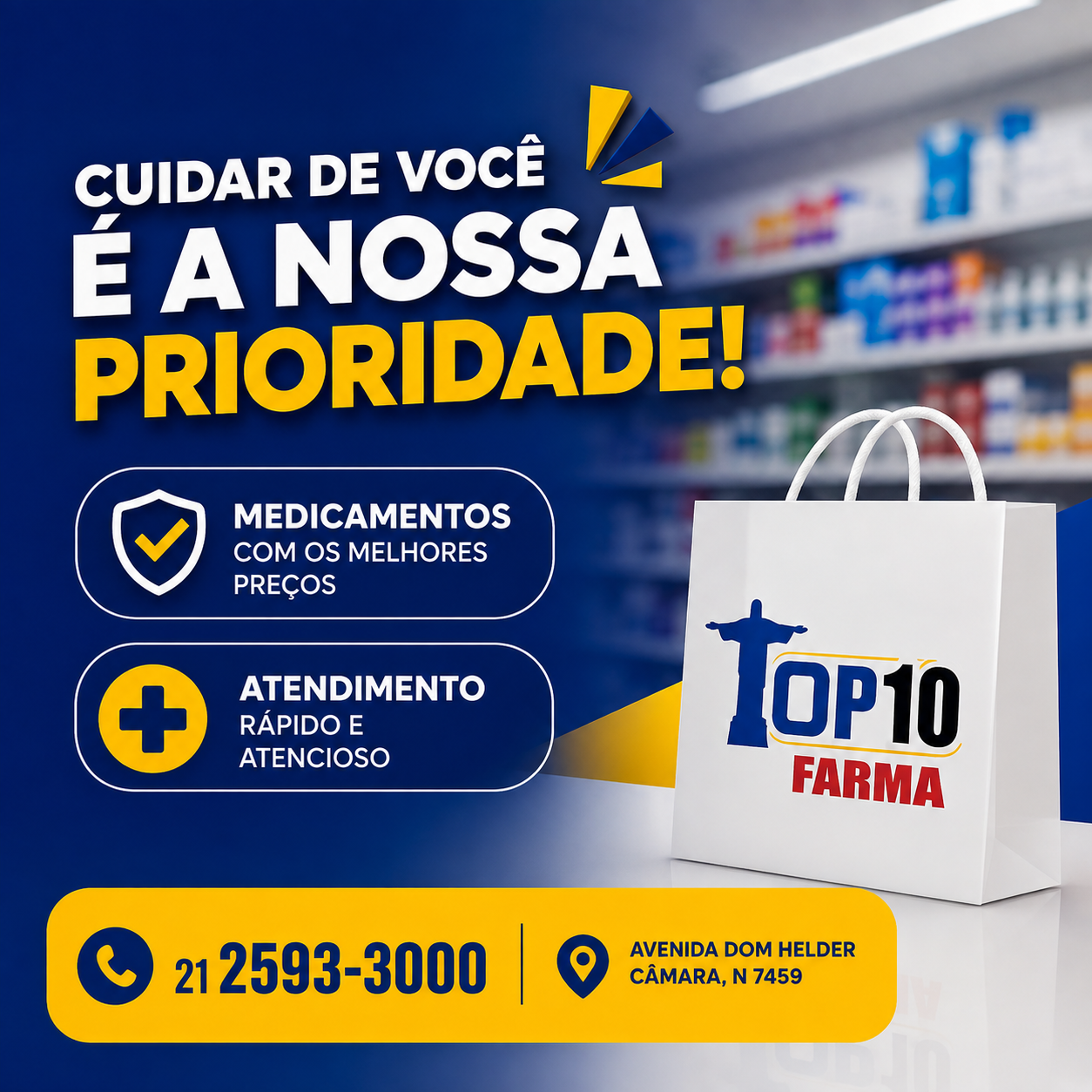 Interior da Top 10 Farma, com prateleiras de produtos